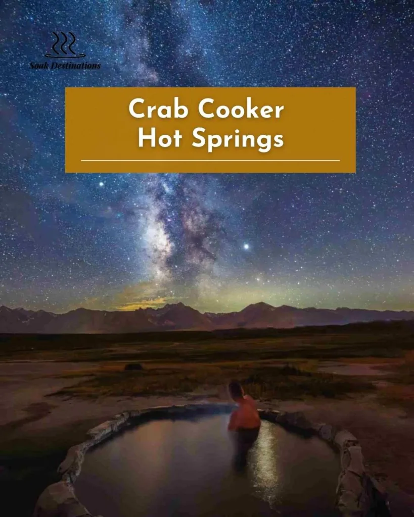 Crab Cooker Hot Springs 9 - soakdestinations A person soaks in Crab Cooker Hot Springs under a vibrant Milky Way and starry sky.