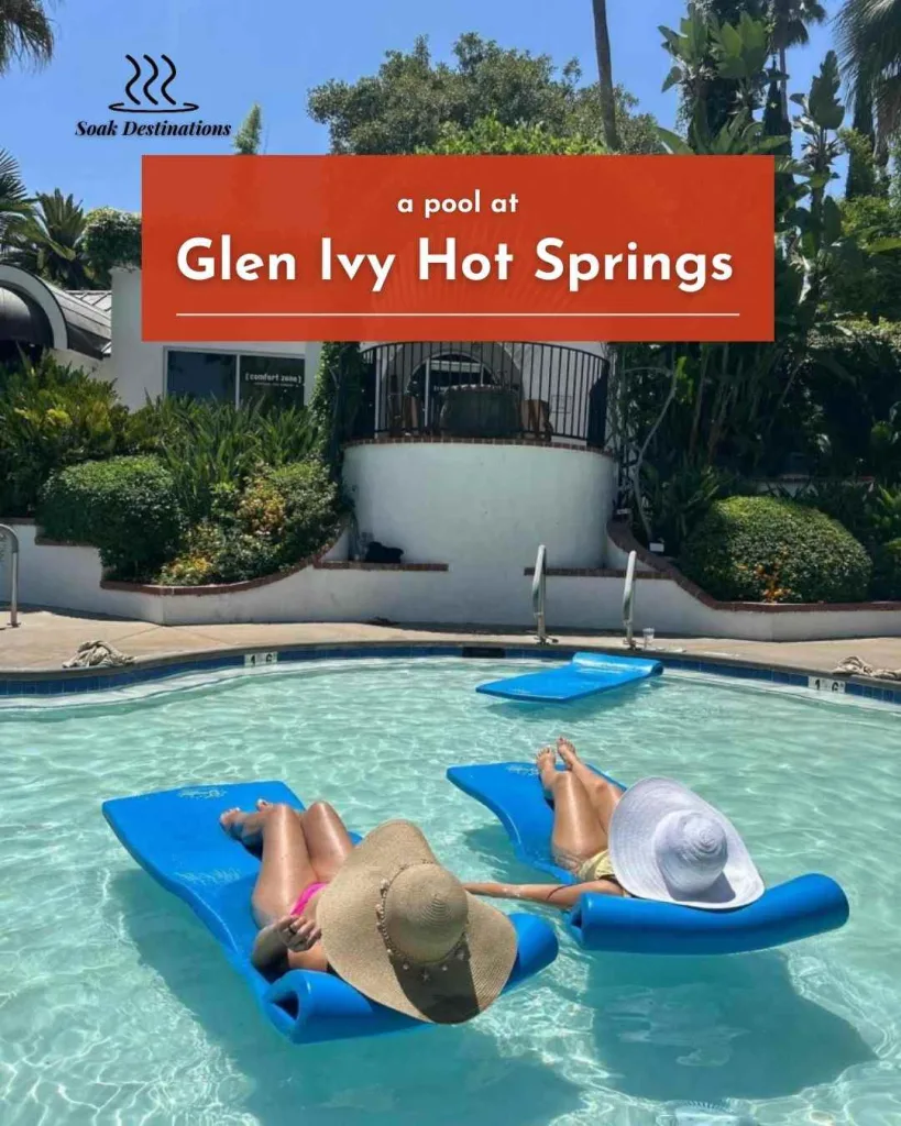 Two women wearing sun hats float on blue mats in a pool at Glen Ivy Hot Springs.
