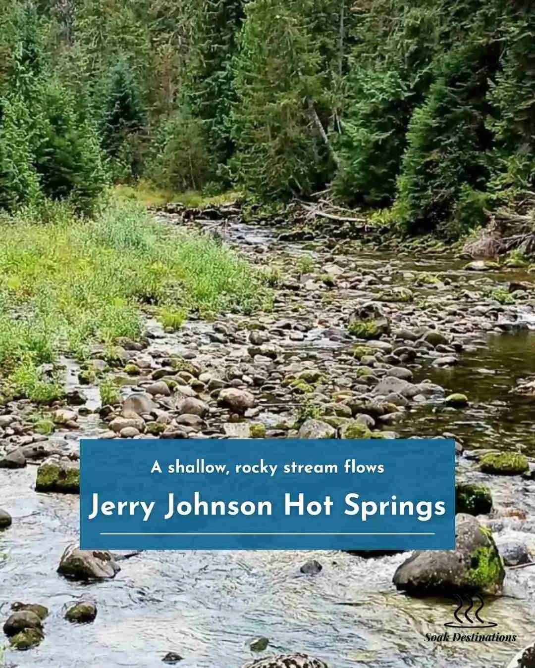 Jerry Johnson Hot Springs 1 1 - soakdestinations A shallow, rocky stream flows through a lush green forest leading toward Jerry Johnson Hot Springs.