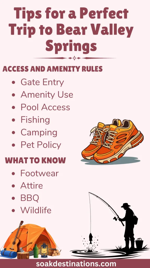 An infographic titled "Tips for a Perfect Trip to Bear River Hot Springs," outlining access rules, amenities, and essential things to know, accompanied by illustrations of hiking shoes, a person fishing, and a camping tent.