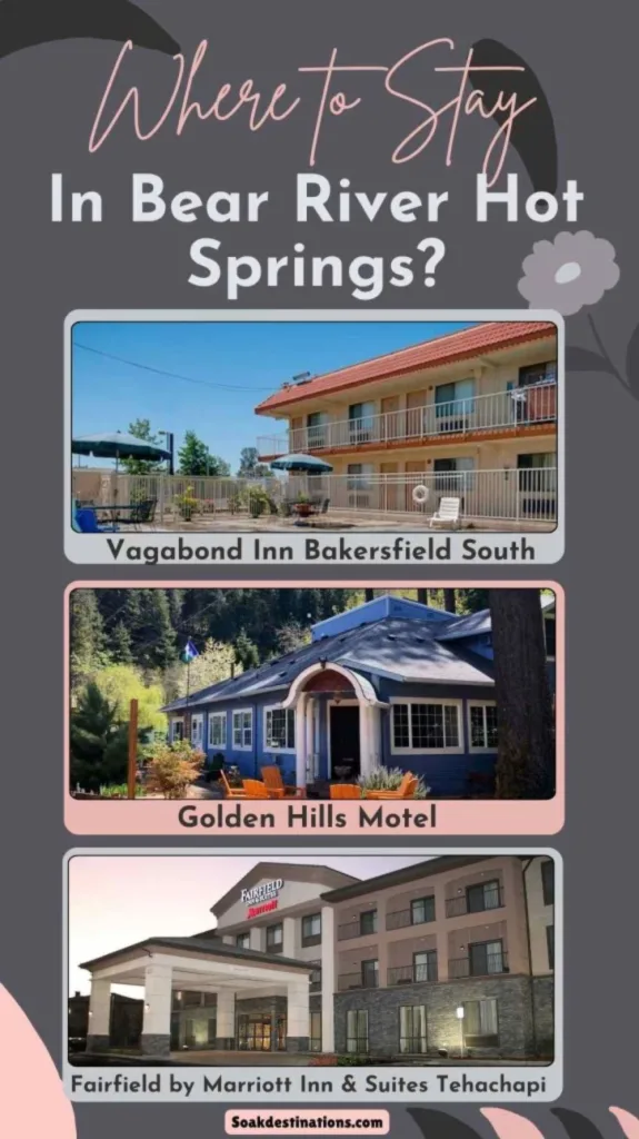 An infographic titled "Where to Stay In Bear River Hot Springs?" featuring images and names of three hotels: Vagabond Inn Bakersfield South, Golden Hills Motel, and Fairfield by Marriott Inn & Suites Tehachapi.