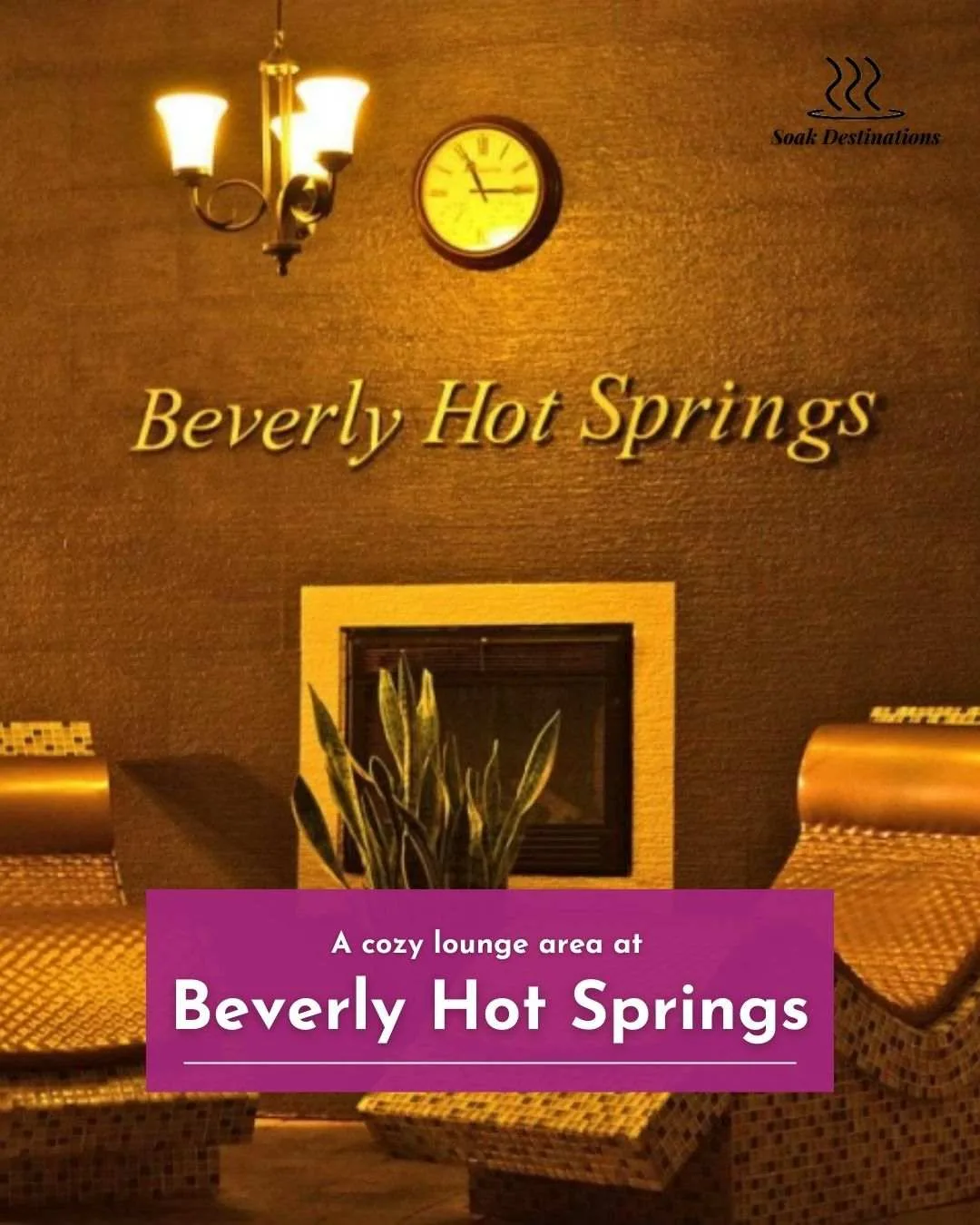Beverly Hot Springs 7 - soakdestinations A cozy lounge area at Beverly Hot Springs with two mosaic recliners, a fireplace, and a clock.