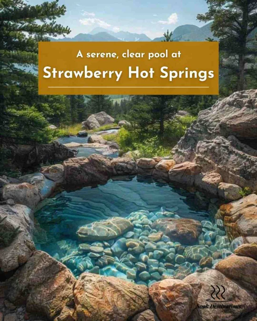 A serene, clear pool at Strawberry Hot Springs, surrounded by rocks and pine trees, with mountains in the distant background. 