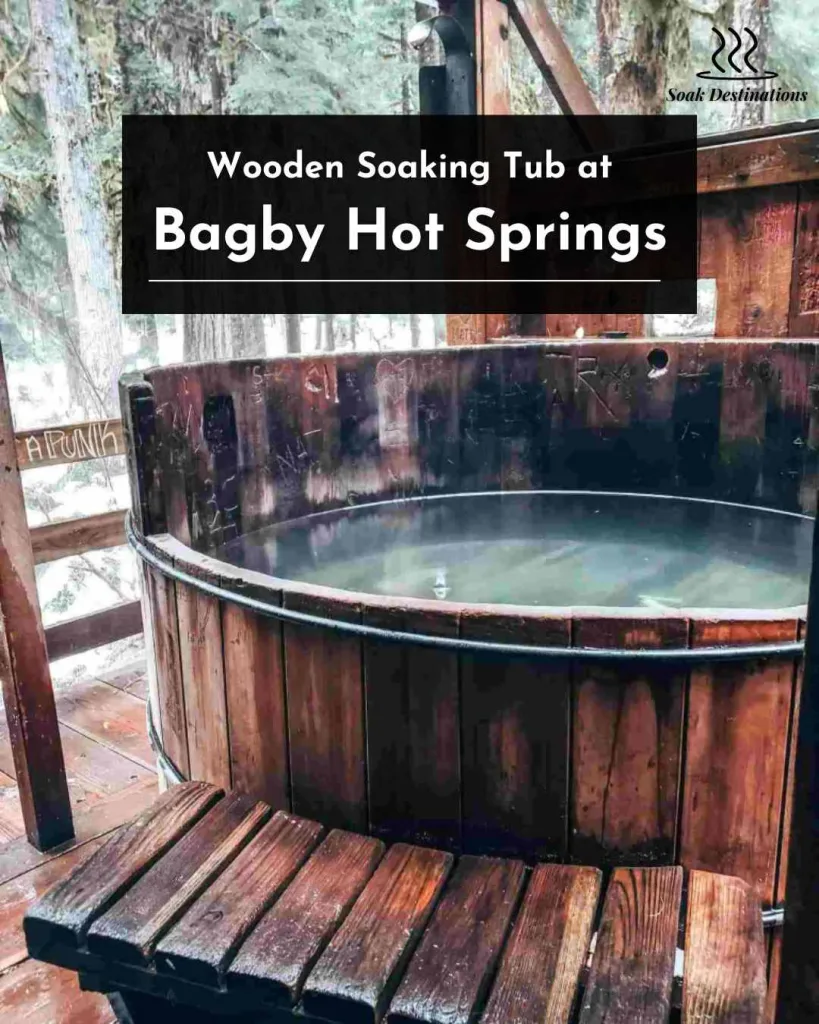 Rustic wooden soaking tub filled with water at Bagby Hot Springs nestled within a lush forest. 