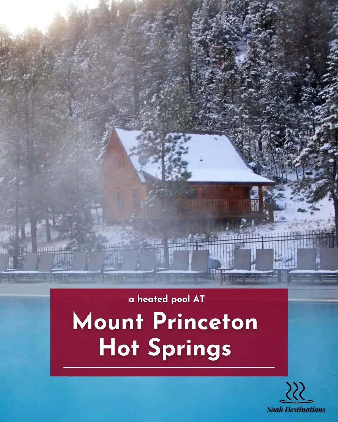 Steam rises from a heated pool near a snow-covered cabin at Mount Princeton Hot Springs resort.