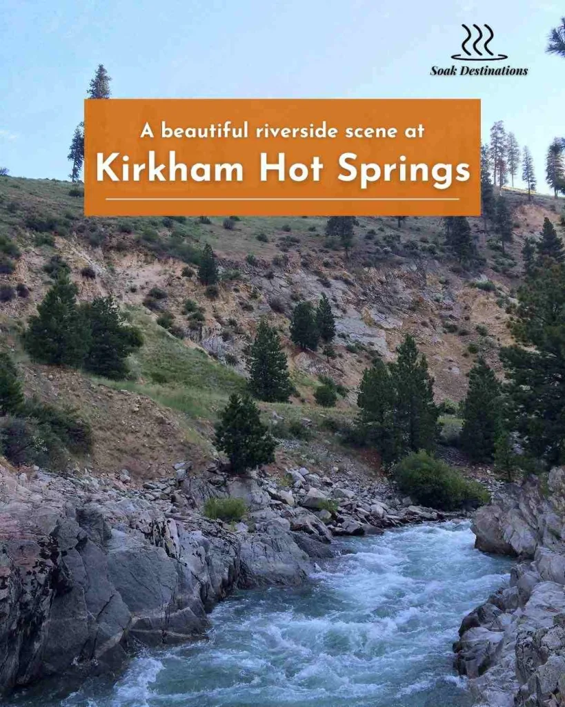 A beautiful riverside scene at Kirkham Hot Springs, with trees lining the rocky banks. 